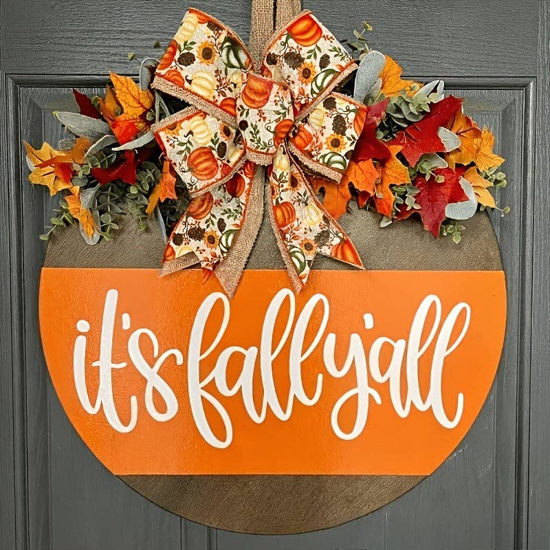 Fall Pumpkin Butterfly Bow-Trimmed Wooden Hanging Door Sign